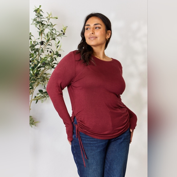 Culture Code Full Size Drawstring Round Neck Long Sleeve Wine Top - Picture 6 of 12